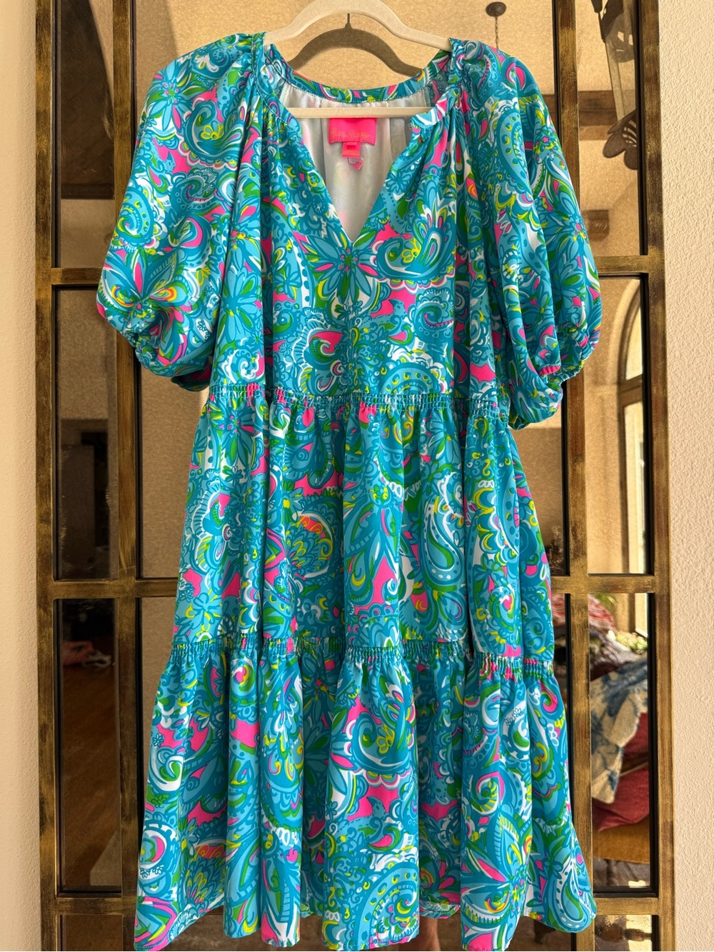 Lilly Pulitzer Teal Paisley Puff-Sleeve Mini Dress with Pink & Green Accents